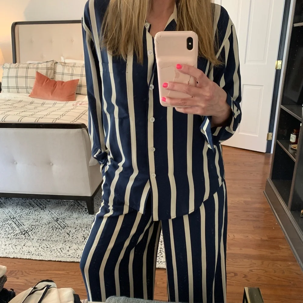 Ralph Lauren Purple Label Navy and White Vertical Stripe Wide Leg Pants - Picture 6 of 8
